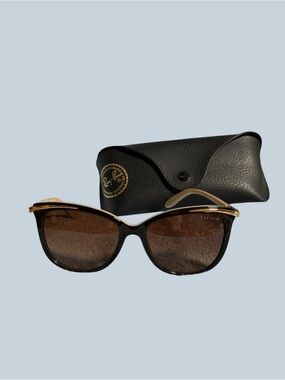 Ralph Lauren Ray-Ban Black and Gold Cat-Eye Sunglasses with Brown Lenses